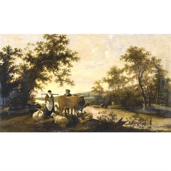 A River Landscape With Peasants And Livestock Oil Painting by Govert Dircksz Camphuysen