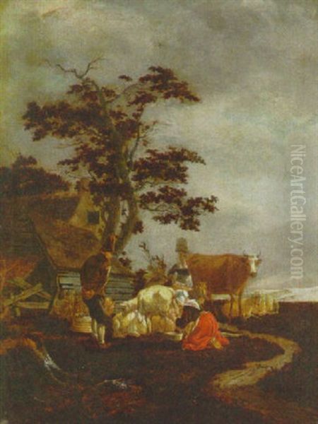 A Peasant, A Milkmaid And A Washerwoman With Sheep And A Cow Outside A Cottage Oil Painting by Govert Dircksz Camphuysen