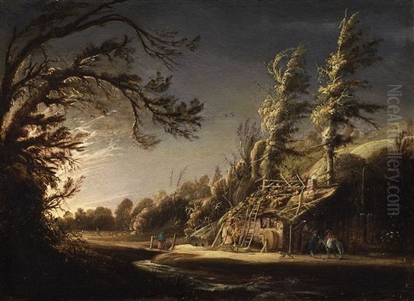 A Wooded Landscape With Peasants And A Donkey Oil Painting by Joachim Govertsz Camphuysen
