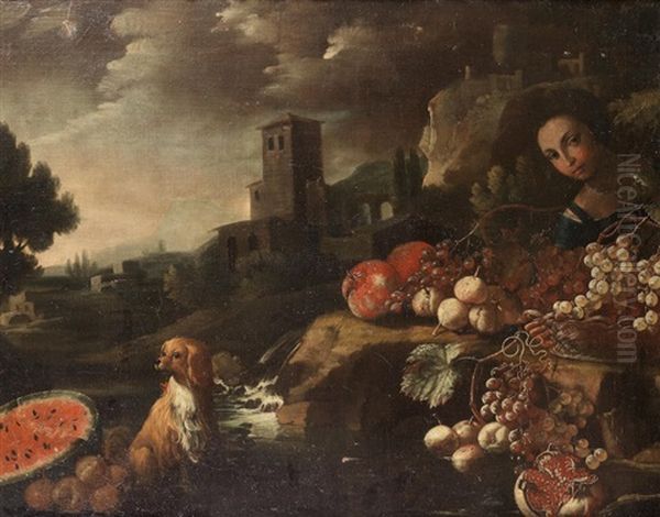 A Fruit Seller With A Dog Beside A Waterfall, A Town Beyond Oil Painting by Michelangelo di Campidoglio
