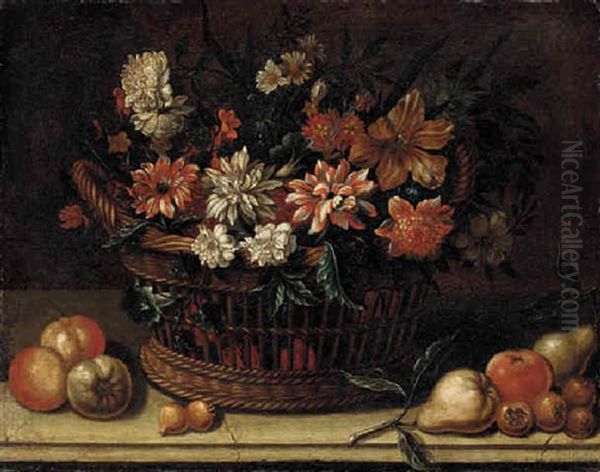 Flowers In A Wicker Basket With Pears, Onions And Apples On A Stone Ledge Oil Painting by Michelangelo di Campidoglio