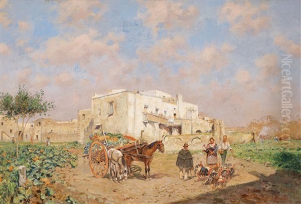Southern Landscape With A Green-grocer Oil Painting by Alceste Campriani