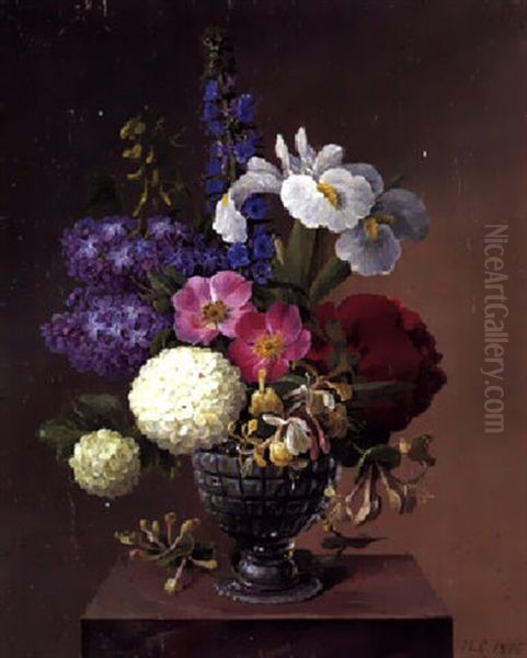 Vase Med Sneboller, Syrener, Roser, Kaprifolier Og Iris Oil Painting by Johannes Ludwig Camradt