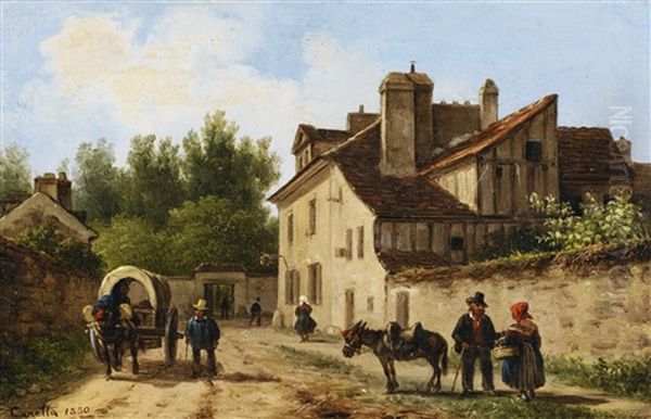 Village Street In The Suburbs Of Paris Oil Painting by Giuseppe Canella I
