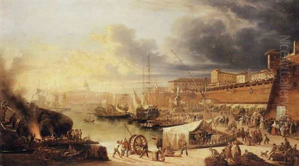 A Capriccio Of A Walled Harbour (valletta, Malta?) Oil Painting by Giuseppe Canella