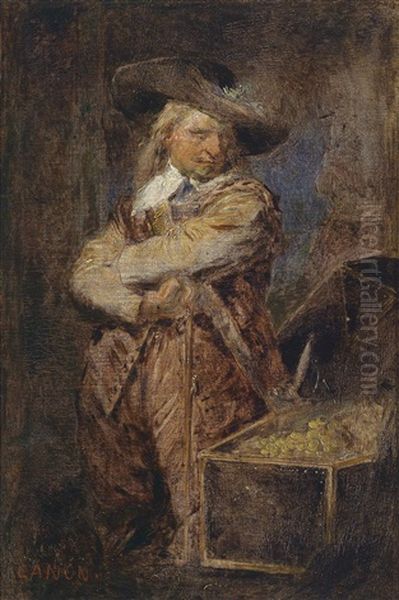 Ein Mann Im Kostum Der Zeit Oliver Cromwells Neben Einer Geoffneten Schatztruhe Stehend Oil Painting by Hans (Johann von Strasiripka) Canon