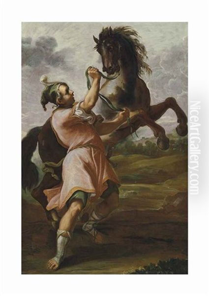 A Young Groom Holding A Rearing Stallion In A Landscape Oil Painting by Domenico Maria Canuti