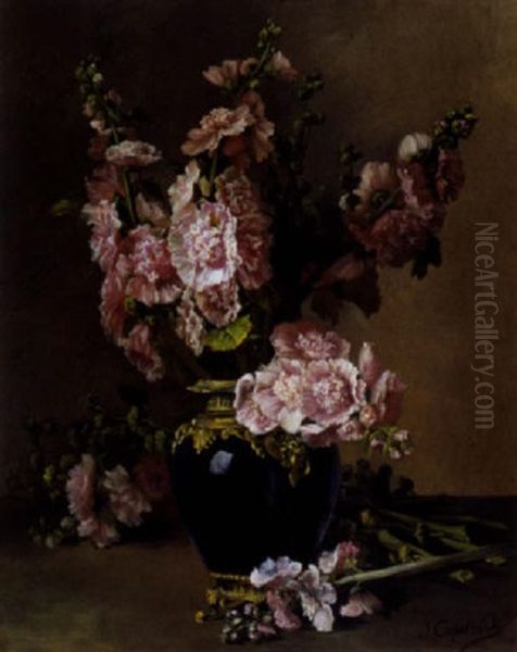 Stilleven Met Stokrozen Oil Painting by Jean Capeinick