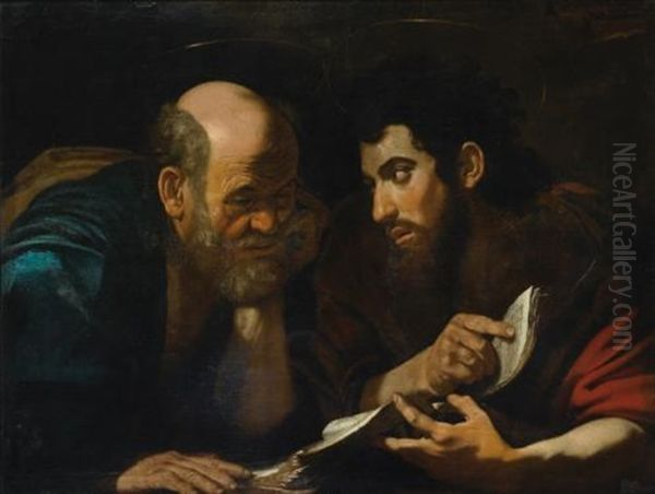 Two Male Saints, Probably The Evangelists Matthew And John, Discussing A Text Oil Painting by Michaelangelo Merisi Da Caravaggio