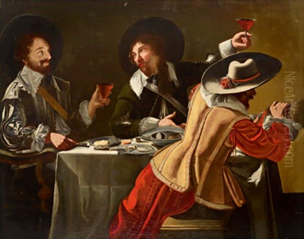 Drei Kavaliere Beim Mahl Oil Painting by Michaelangelo Merisi Da Caravaggio
