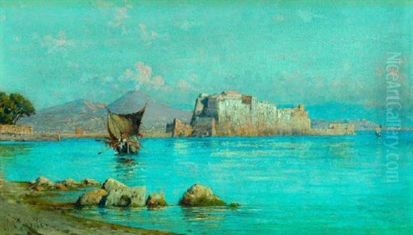 Blick Auf Die Bucht Von Neapel Mit Dem Castel Del Oro Und Dem Rauchenden Vesuv Im Hintergrund Oil Painting by Giuseppe Carelli