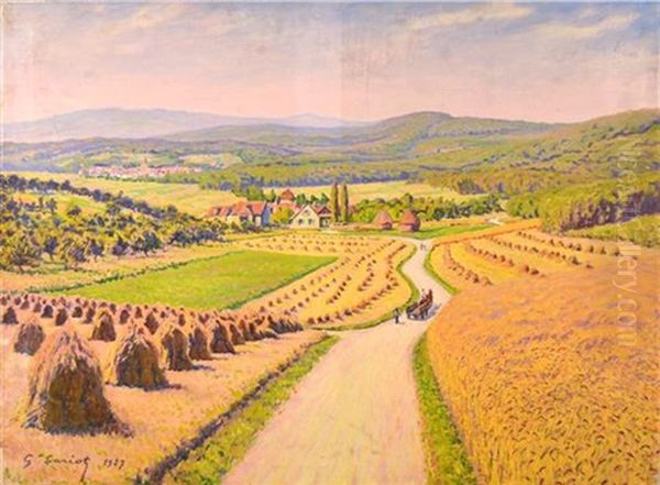 Landscape With Sheaves Of Wheat, 1927 Oil Painting by Gustave Camille Gaston Cariot