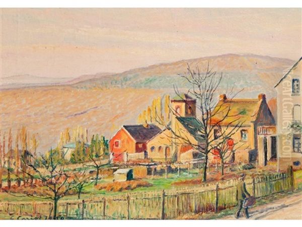 A Figure Walking Beside Buildings With Hills Beyond Oil Painting by Gustave Cariot