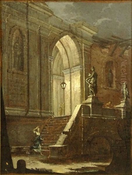 Woman In Depair At Stairs Oil Painting by Luca Carlevarijs