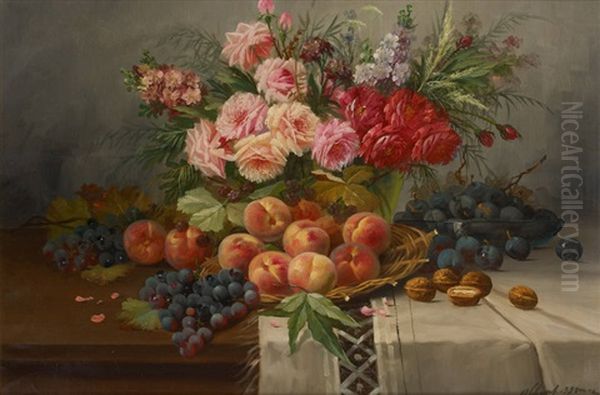 Entablement Garni De Peches Et De Roses Oil Painting by Max Carlier