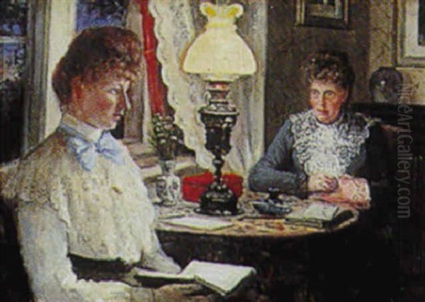 Interior Ved Lampelys Med To Kvinder, Der Laeser Og Broderer Oil Painting by Carl Carlsen