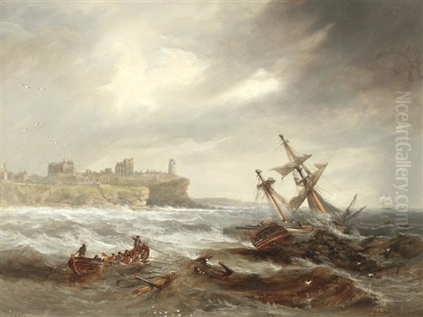 Shipping Off Tynemouth; A Ship In Distress Off Tynemouth, A Pair Each Oil Painting by John Wilson Carmichael