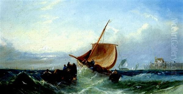 Fishing Boats Off Calais Harbour Oil Painting by John Wilson Carmichael