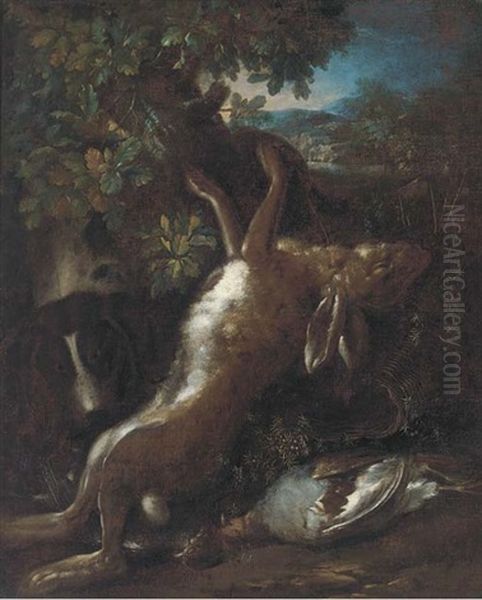 A Wooded Clearing With A Dog By Trophies Of The Chase Oil Painting by Baldassare De Caro