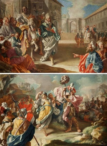 Scene Bibliche: Trionfo Di David; Trionfo Di Mardocheo; Ritrovamento Di Mose; Trionfo Di Giuditta; Ester E Assuero (5 Works) Oil Painting by Lorenzo De Caro