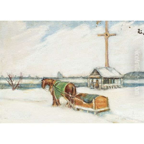 Horse Pulling Sleigh Oil Painting by Paul Archibald Caron