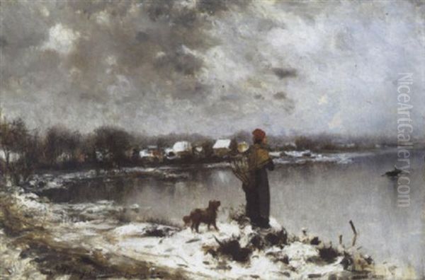 Sneeuwlandschap Met Vrouw Bij De Pont Oil Painting by Evariste Carpentier