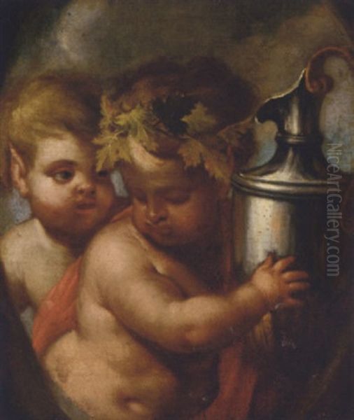 The Infant Bacchus With A Satyr Oil Painting by Giulio Carpioni