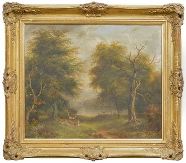 Untitled (deers By The Lake) Oil Painting by James Howe Carse