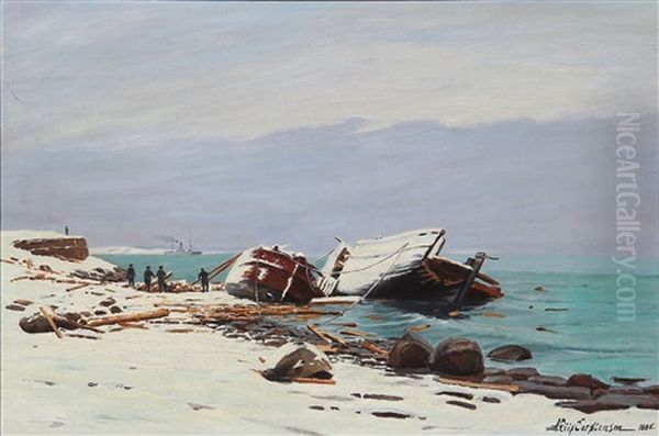 Coastal Scene With A Shipwreck On The Shore, Winter Oil Painting by Andreas Christian Riis Carstensen