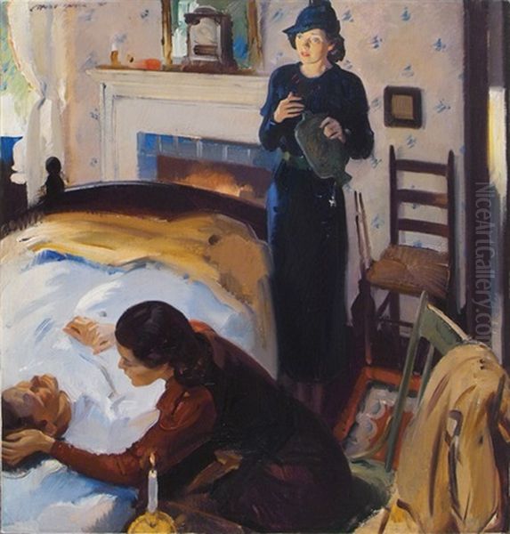 Woman With Hot Water Bottle Shocked By Condition Of Man In Bed (illus. For Possibly American Magazine) Oil Painting by Pruett Carter