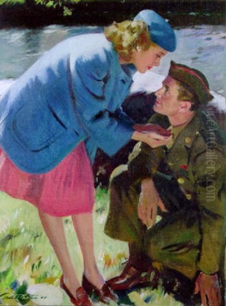 Young Woman Offering Soldier A Drink Of Water Oil Painting by Pruett Carter