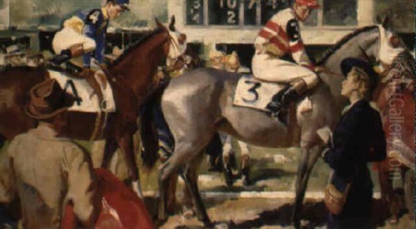 Woman Speaking To Jockey Amount Oil Painting by Pruett Carter
