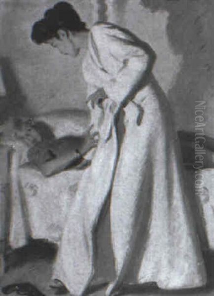 Woman Standing Over Girl Lying On Bed, Gun On Floor Oil Painting by Pruett Carter