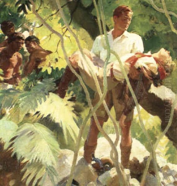 Man Carrying Fainted Woman, Natives In Background Oil Painting by Pruett Carter
