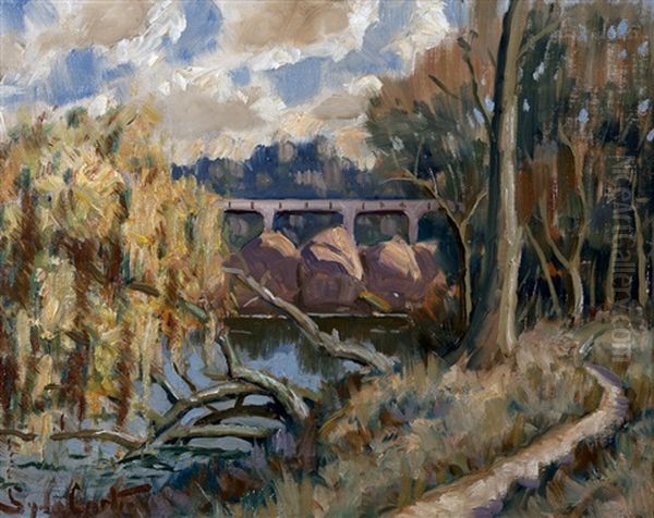 Railway Crossing Over River Oil Painting by Sydney Carter