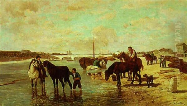 Horses In The Seine Oil Painting by Karl Cartier