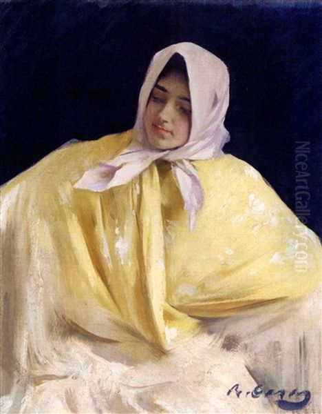 Chula Con Manton Amarillo (girl With A Yellow Shawl) Oil Painting by Ramon Casas