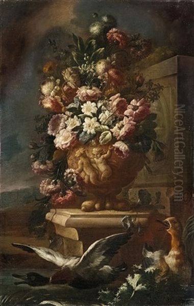 Ein Paar Stillleben Mit Blumen Und Vogeln Oil Painting by Nicola Casissa
