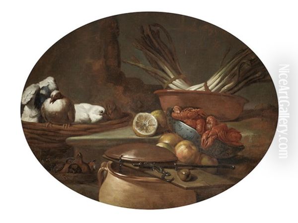 Doves, Crayfish, A Bowl Of Asparagus And A Copper Pot With Various Fruits Oil Painting by Giovanni Agostino (Abate) Cassana