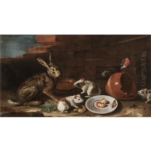 A Farmyard Scene With A Still Life Of A Rabbit, Guinea Pigs, Apple-peel And A Butterfly On A Plate, Together With A Terracotta Jug And Bowl Oil Painting by Giovanni Agostino (Abate) Cassana