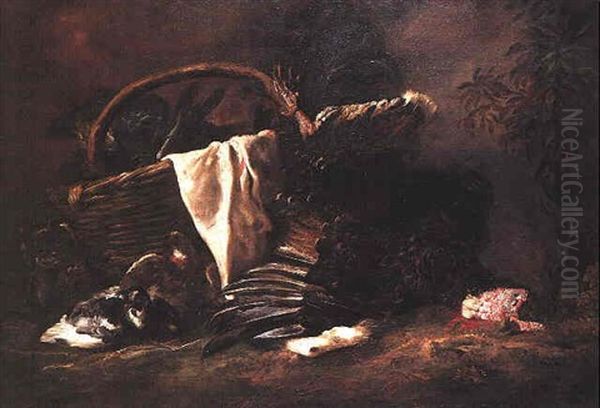 A Trussed Turkey And A Wicker Basket Laden With Asparagus, Artichokes And A Draped White Cloth In A Landscape With A Cat Stalking A Pair Of Pigeons Oil Painting by Giovanni Agostino (Abate) Cassana