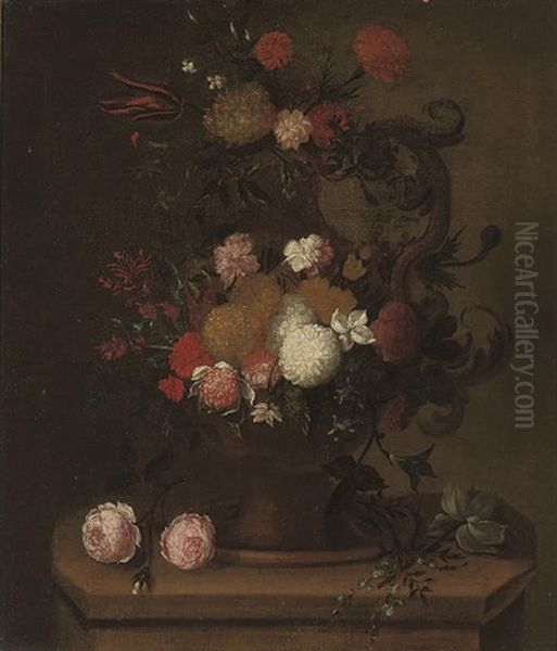 Chrysanthemums, Carnations, Roses, A Tulip And Other Flowers In An Urn, On A Plinth Oil Painting by Pieter Casteels III