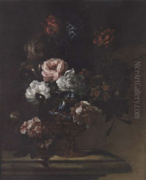 Narcissi, Delphiniums, Tulips, Morning Glory And Other Flowers In An Urn Upon A Stone Ledge Oil Painting by Pieter Casteels III