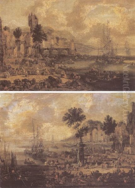 Harbour Scenes With Numerous Figures Oil Painting by Pieter Casteels III