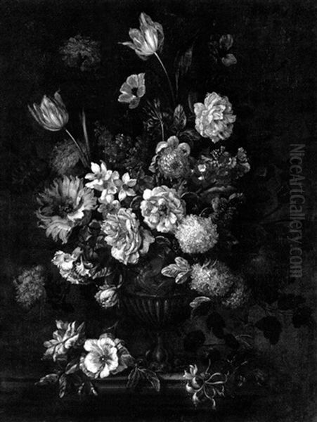 Still Life Of Roses, Variegated Tulips, Anemone,            Poppy, Daffodils And Other Flowers In An Elaborate Metal Oil Painting by Pieter Casteels III