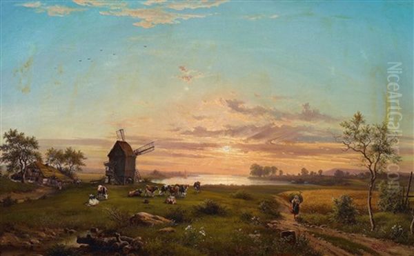 Abendliche Flusslandschaft Mit Muhle Oil Painting by Anton Castell