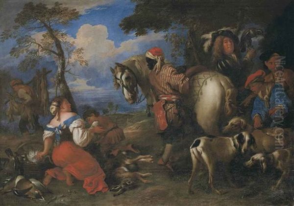Rest During The Falcon Hunt Oil Painting by Giovanni Francesco Castiglione