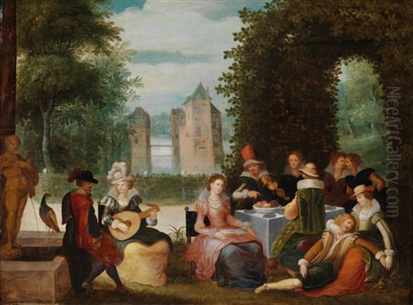 Elegante Musizierende Gesellschaft In Einem Park, Im Hintergrund Ein Fluss Oil Painting by Louis de Caullery