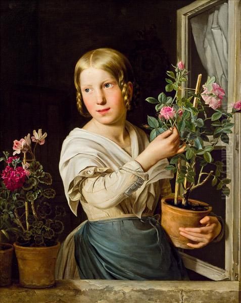 Junges Madchen Am Fenster Mit Blumenstocken Oil Painting by Rosalia Amon