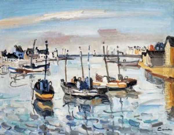 Bateaux Amarres Au Port Oil Painting by Edmond Ceria